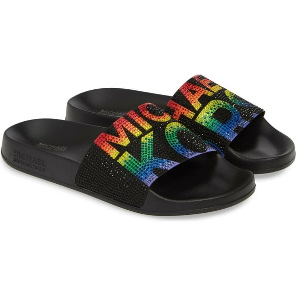 Michael Kors Gilmore Slides Black Rainbow Crystals - Picture 2 of 12